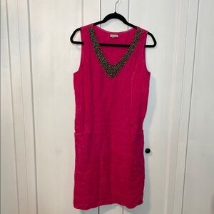 Lina Tomei | Pink Sleeveless Dress with Embellished Neckline - 100% Linen - Med